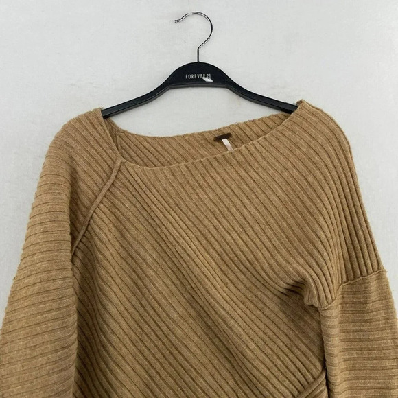 Free People Love & Harmony Sweater Womens Sz M Tan Boat Neck Ribbed Wool Blend - Picture 7 of 14